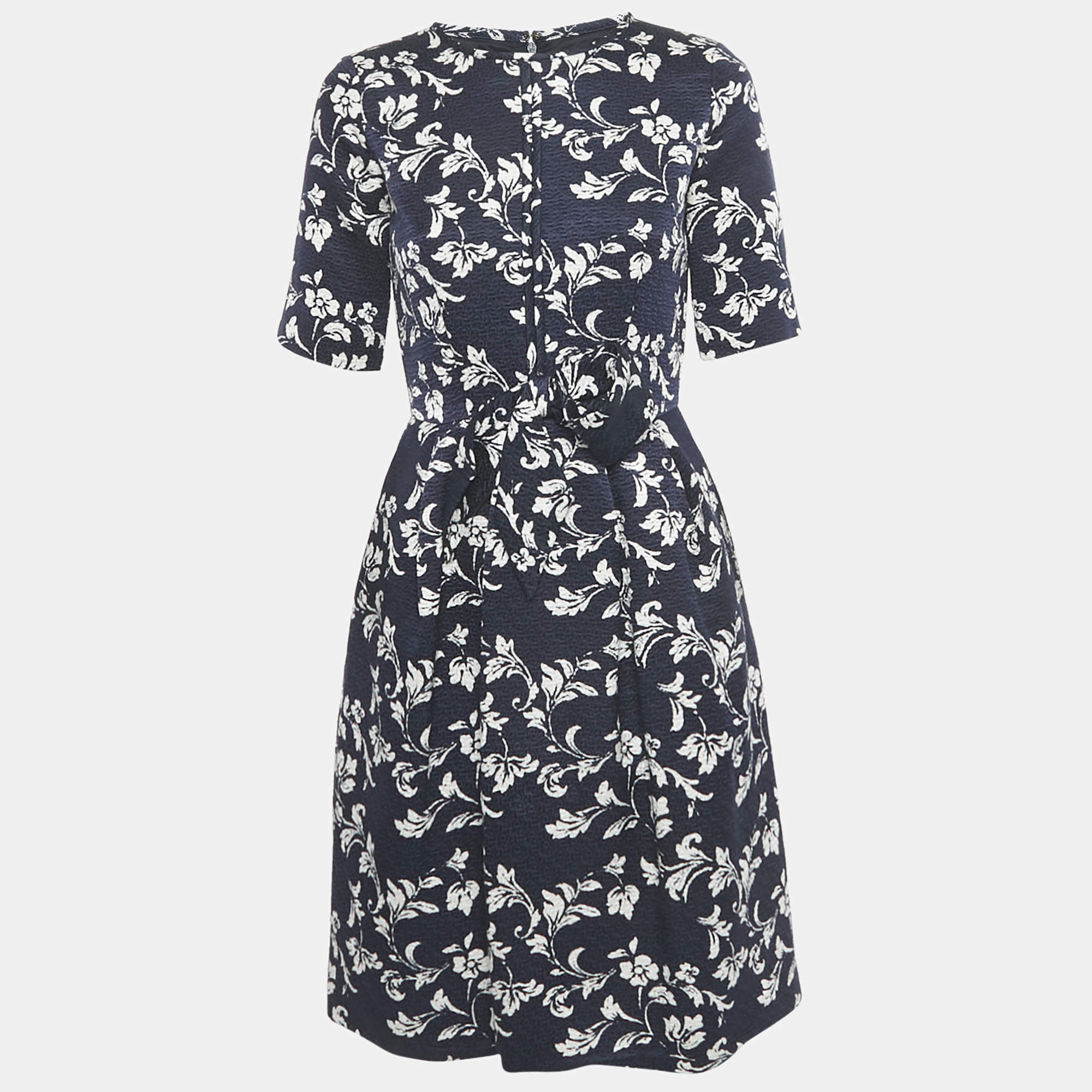 Pre Owned CH Carolina Herrera Navy Blue Floral Print Jacquard Bow Detail Short Dress S