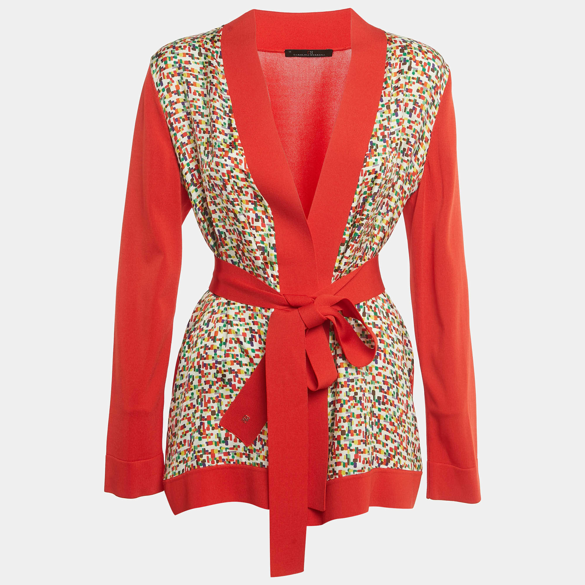 Pre Owned CH Carolina Herrera Printed Silk and Knit Belted Cardigan M