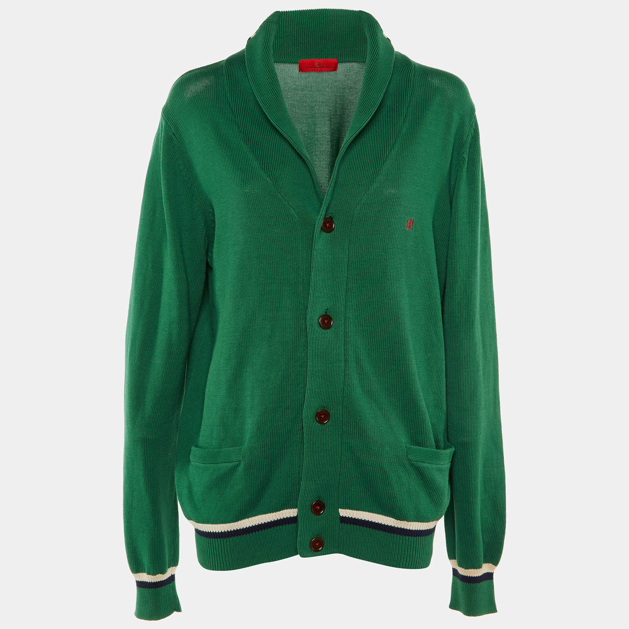 Pre Owned CH Carolina Herrera Green Logo Cotton Knit Button Front Cardigan L