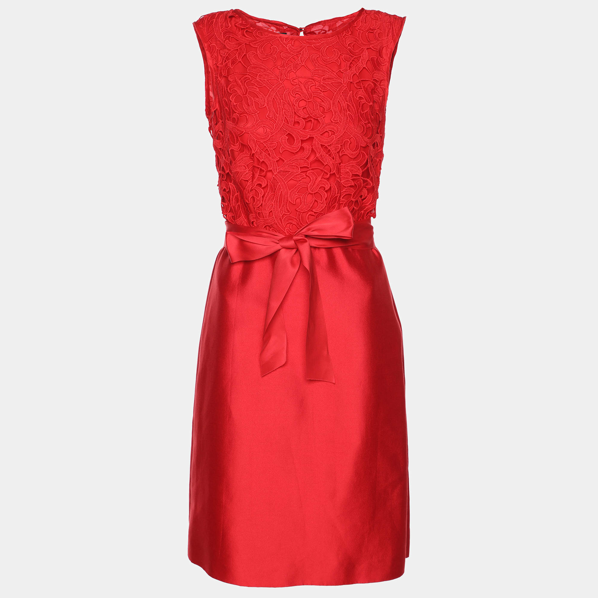 Pre Owned CH Carolina Herrera Red Floral Lace & Crepe Sleeveless Short Dress S