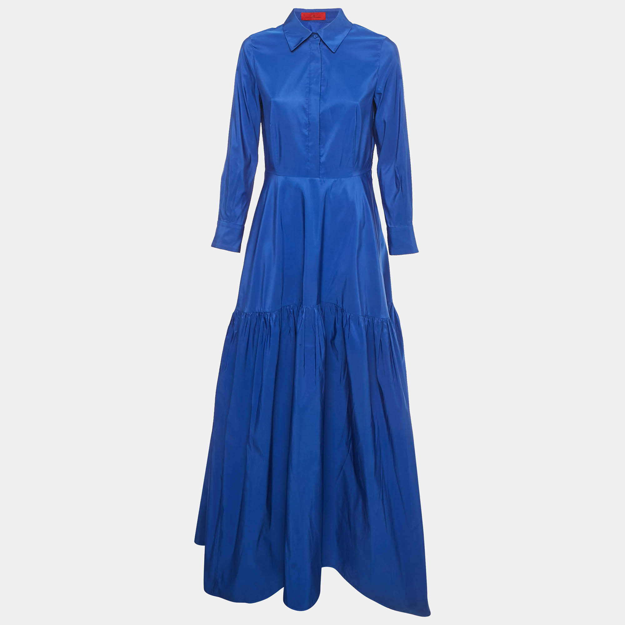 Pre Owned CH Carolina Herrera Roya Blue Taffeta Pocketed Flared Shirt Dress M