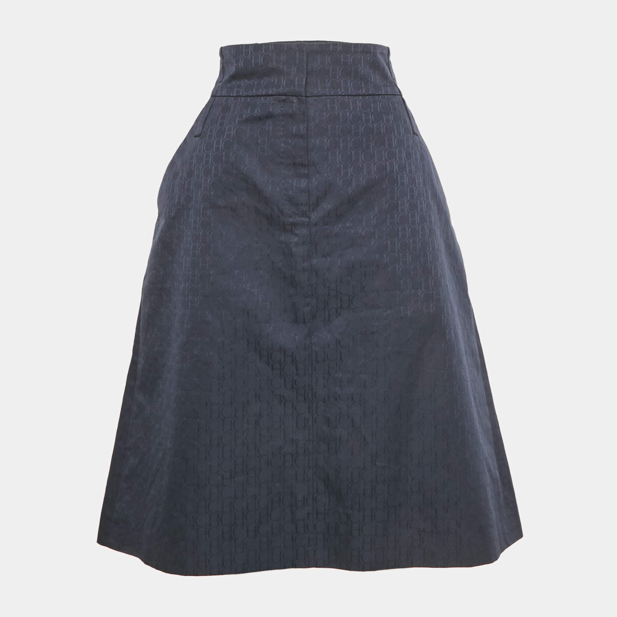 Pre Owned CH Carolina Herrera Navy Blue Monogram Jacquard Midi Skirt L