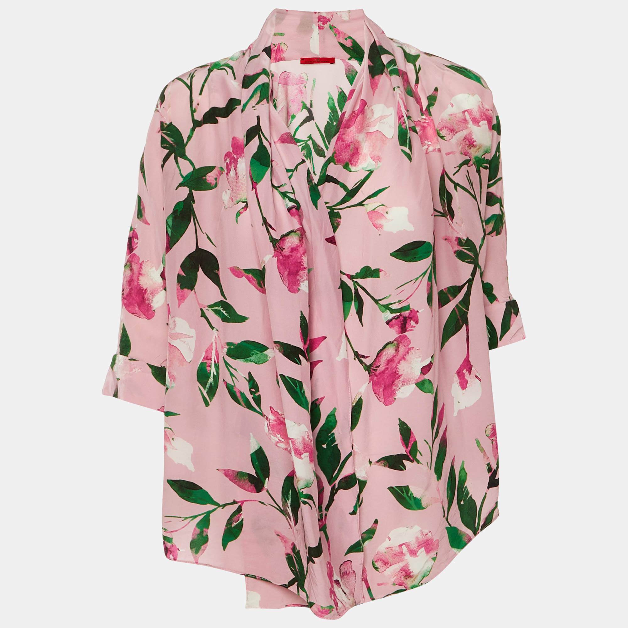 Pre Owned CH Carolina Herrera Pink Floral Print Crepe & Silk Blend Wrap Around Top XXS