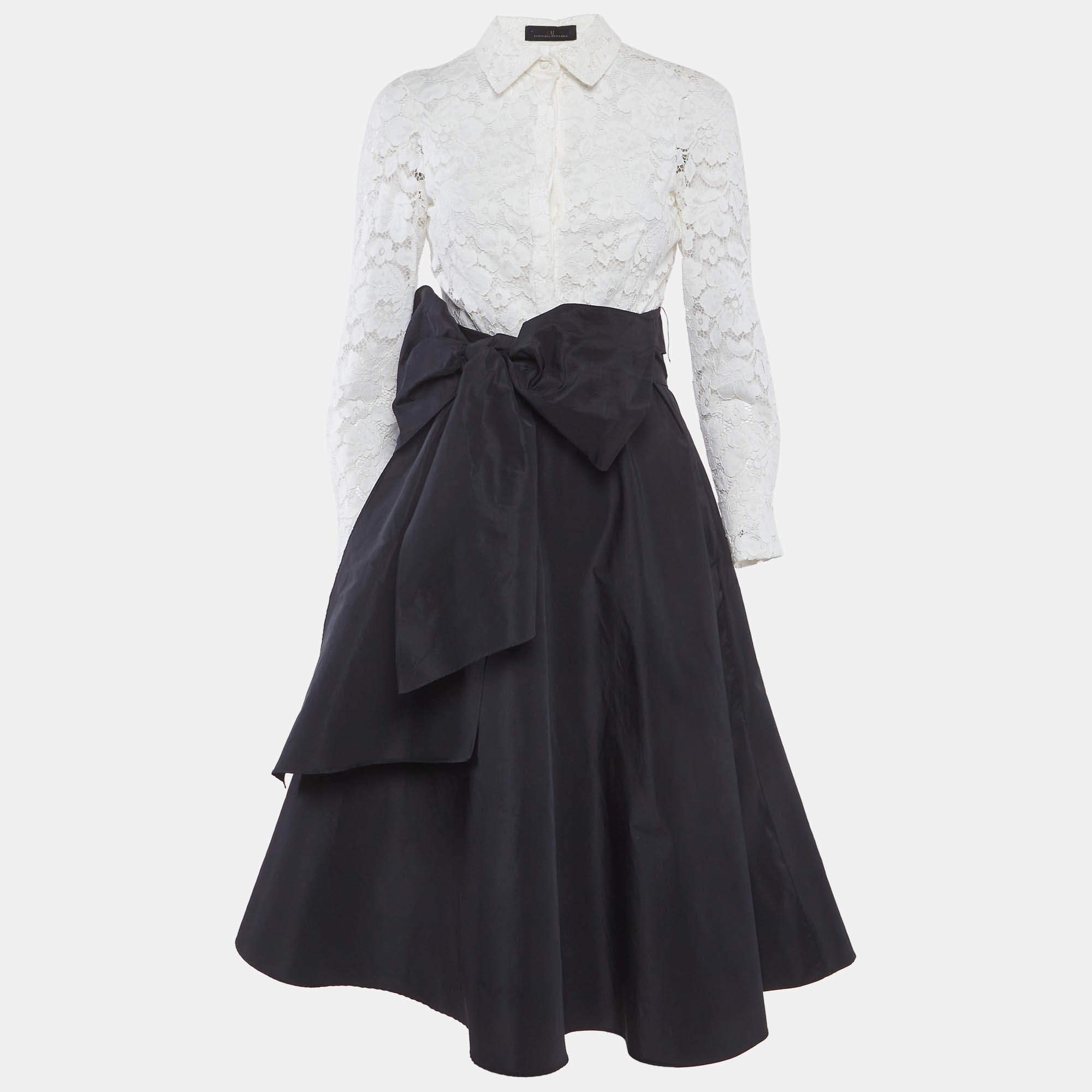 Pre Owned CH Carolina Herrera Black/White Lace and Crepe Belted Midi Dress S