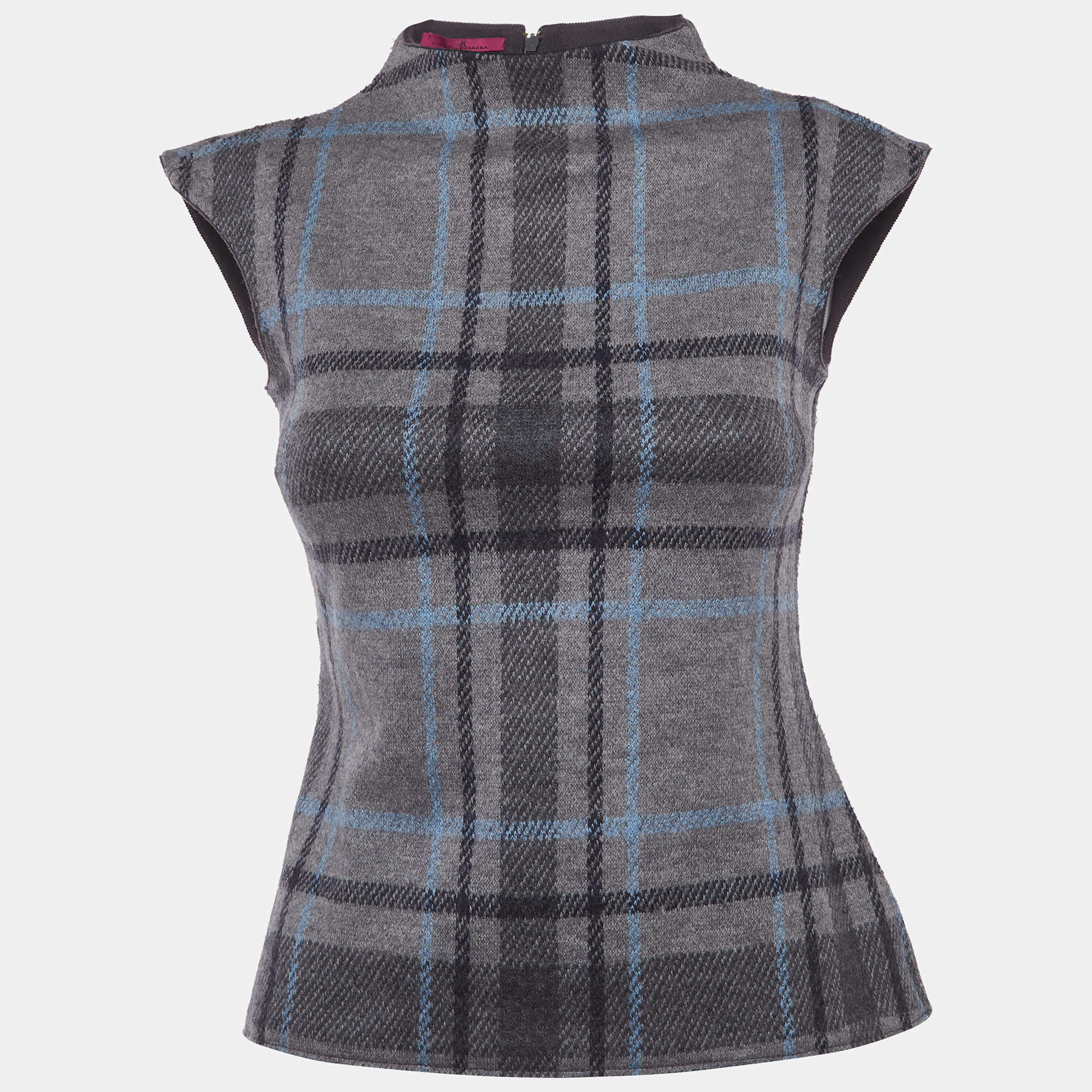 مملوكة مسبقًا Carolina Herrera Grey Checks Wool Sleeveless Top S