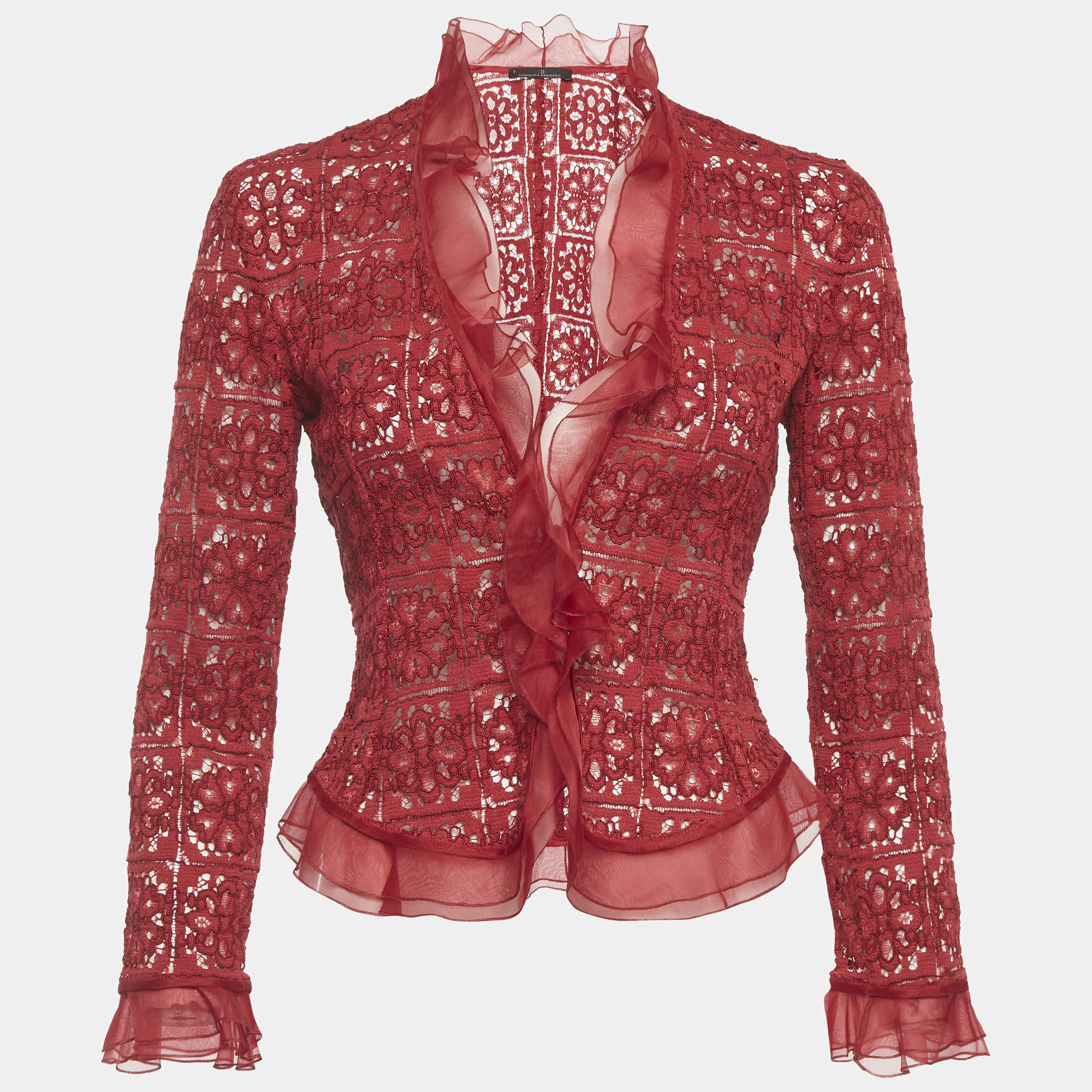 Pre Owned CH Carolina Herrera Red Guipure Lace Ruffle Crop Jacket M