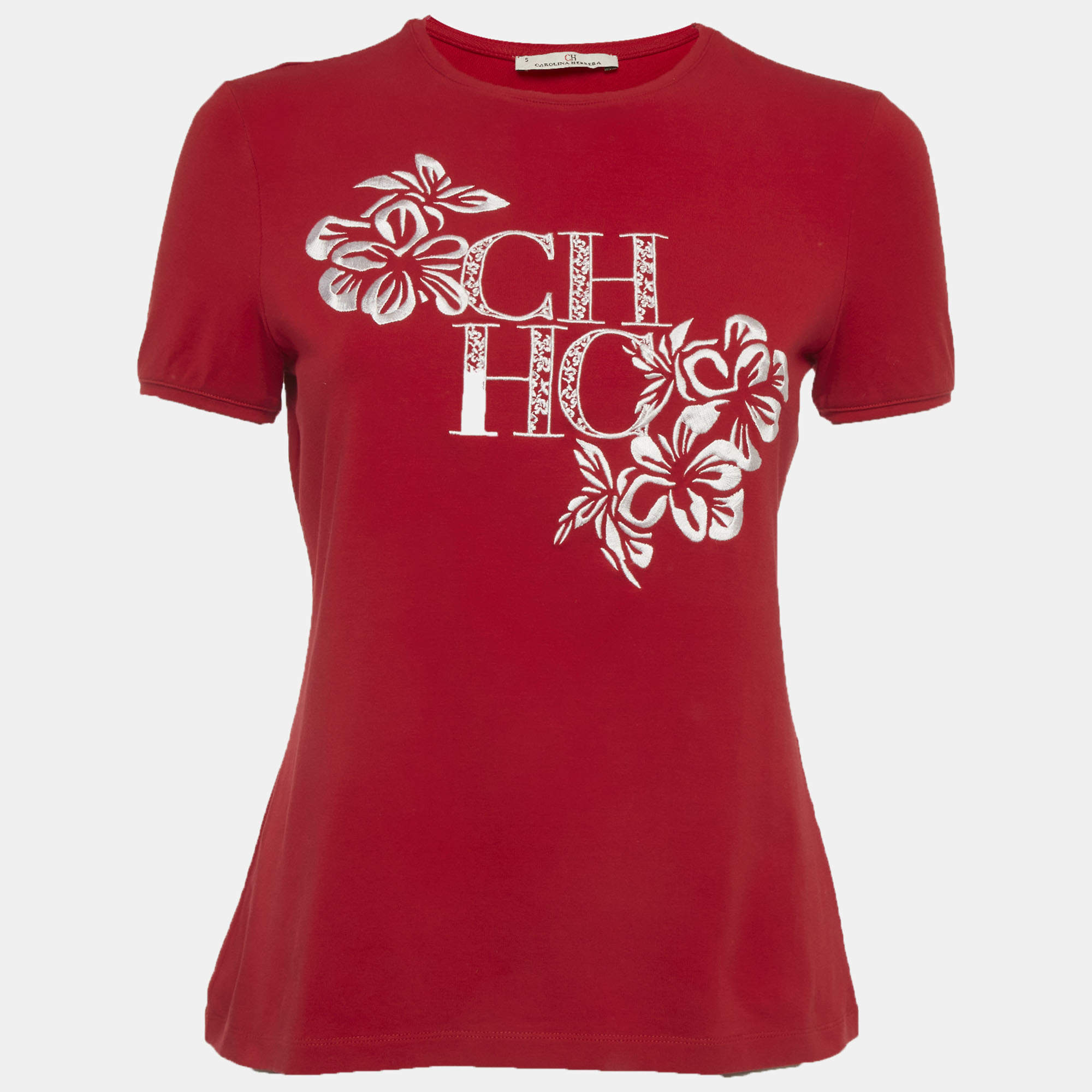 Pre Owned CH Carolina Herrera Red Jersey Logo Embroidered T-Shirt S