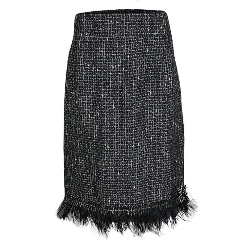 CH Carolina Herrera Monochrome Textured Fringed Ostrich Feather Trim Skirt XL