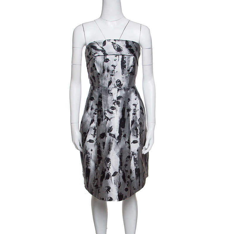 CH Carolina Herrera Silver and Black Floral Jacquard Strapless