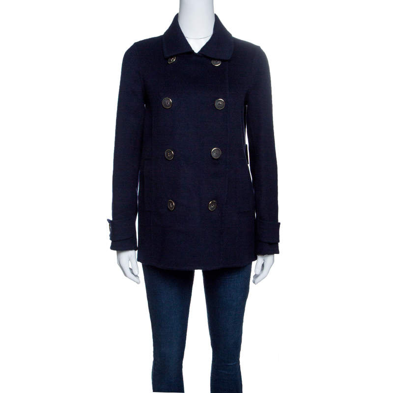 Pre Owned CH Carolina Herrera Navy Blue Wool Double Breasted Coat S