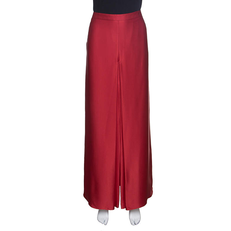 CH Carolina Herrera Red Silk Satin Front Slit Detail Maxi Skirt L CH