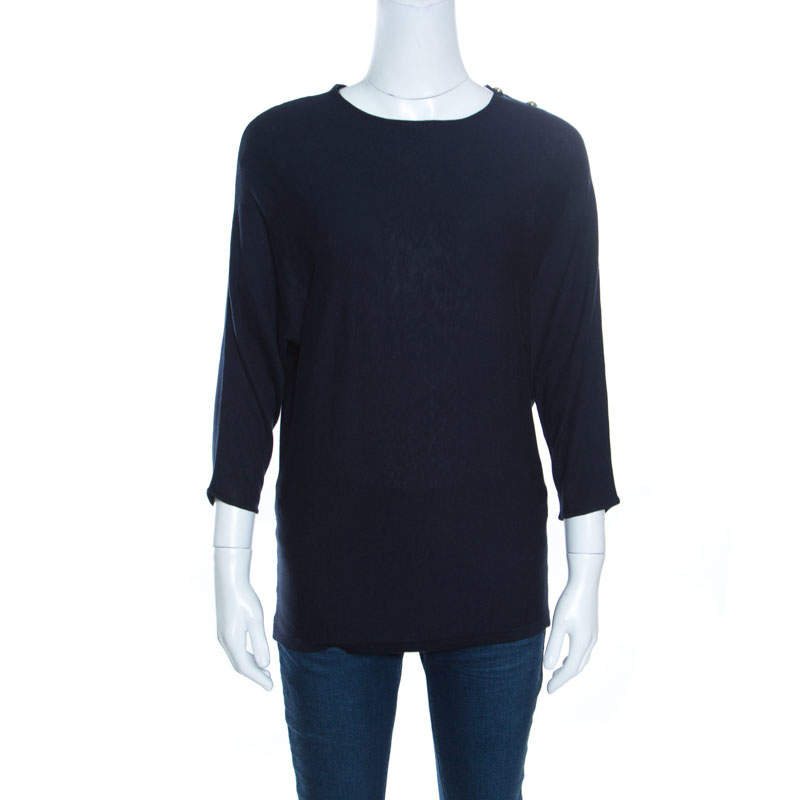 Pre Owned CH Carolina Herrera Navy Blue Knit Gold Button Detail Dolman Sleeve Top XS