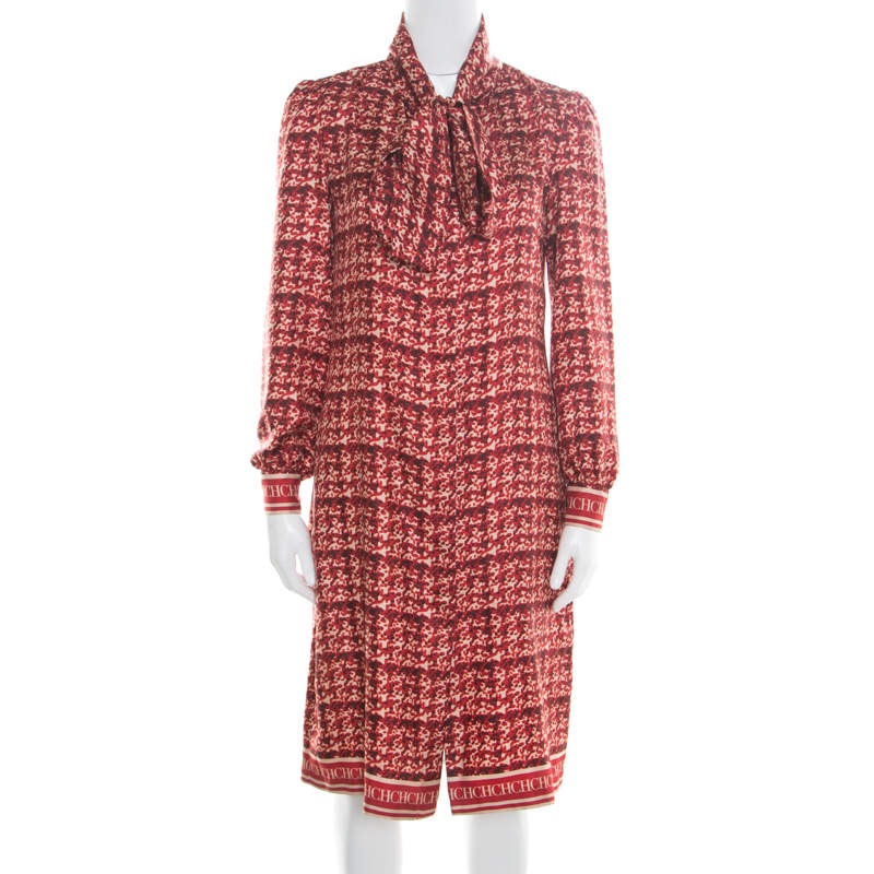 Pre Owned CH Carolina Herrera Red Abstract Printed Silk Button Front Tunic Dress S