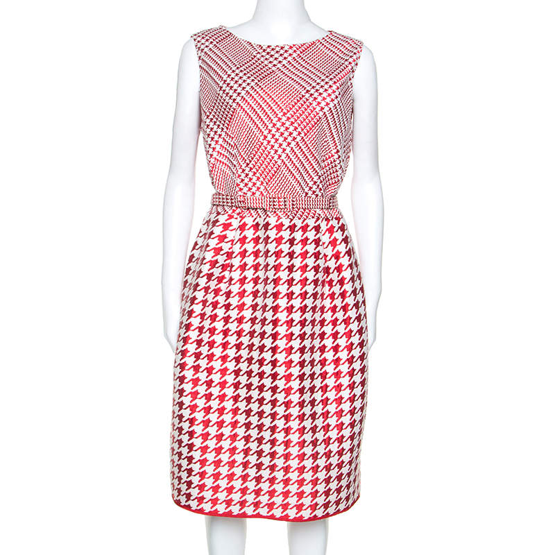 Pre Owned فستان سي أتش كارولينا حزام مغزول فستان كاروهات كبيرة هاوندزتوث أبيض وأحمر L