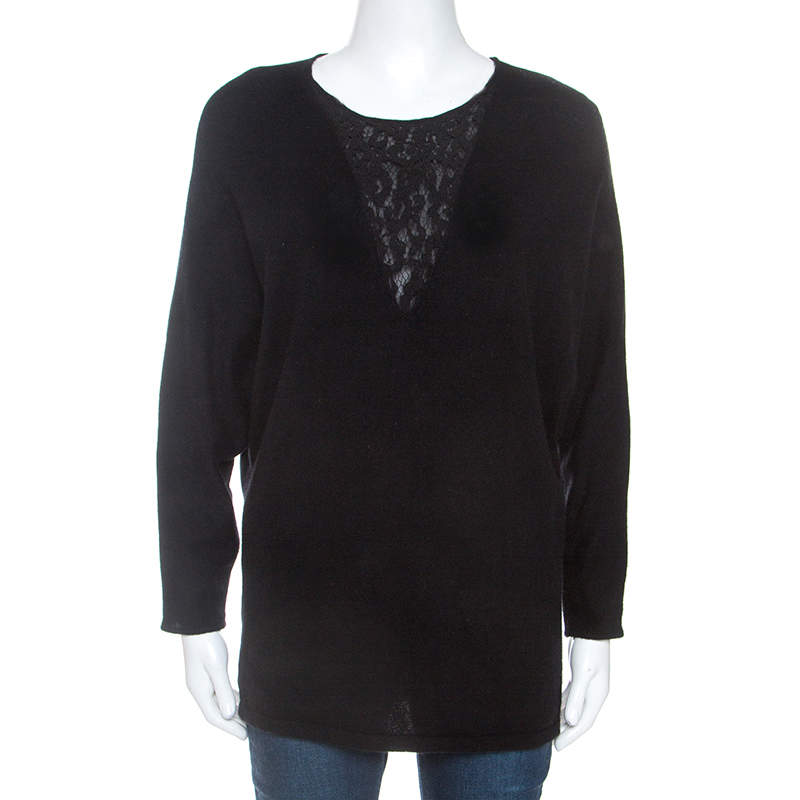 مملوكة مسبقًا Carolina Herrera Black Cashmere Blend Lace Insert Sweater S