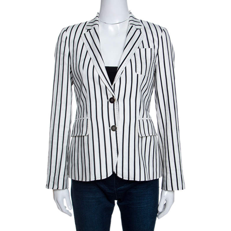 CH Carolina Herrera Monochrome Striped Linen Blend Blazer S