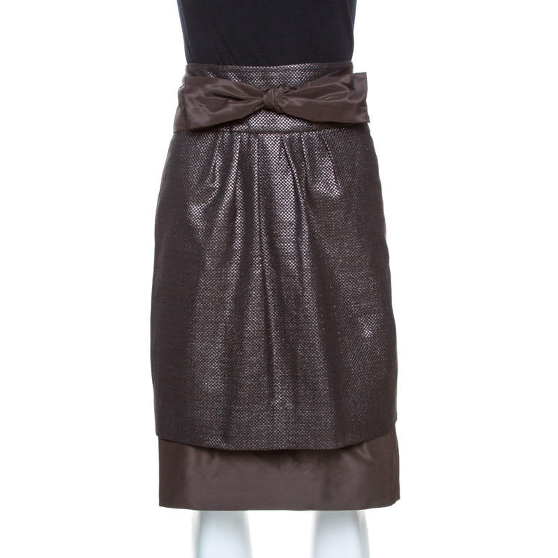مملوكة مسبقًا CH Carolina Herrera Brown Lurex Jacquard Silk Bow Detail Skirt L