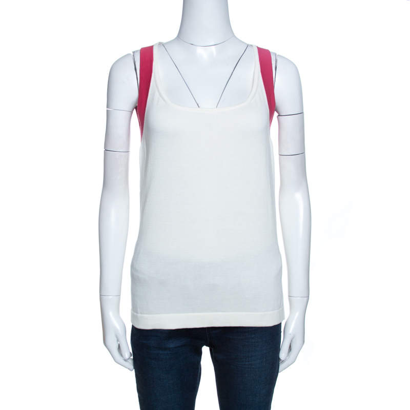 Pre Owned CH Carolina Herrera Bicolor Knit Contrast Trim Detail Sleeveless Top L