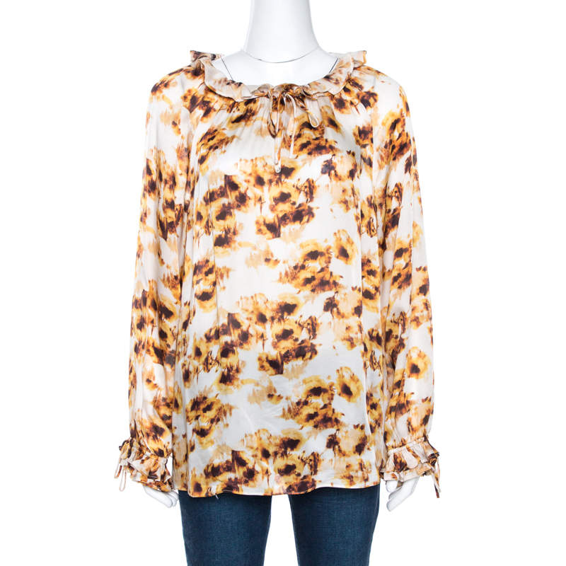 Pre Owned CH Carolina Herrera White & Brown Printed Silk Ruffled Blouse L