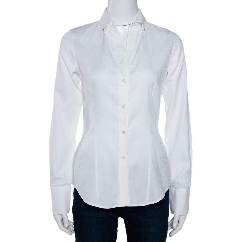قميص سي أتش كارولينا هيريرا بنمط شعار الماركة و بأزرار أمامية قطن جاكار أبيض مقاس صغير (سمول)
