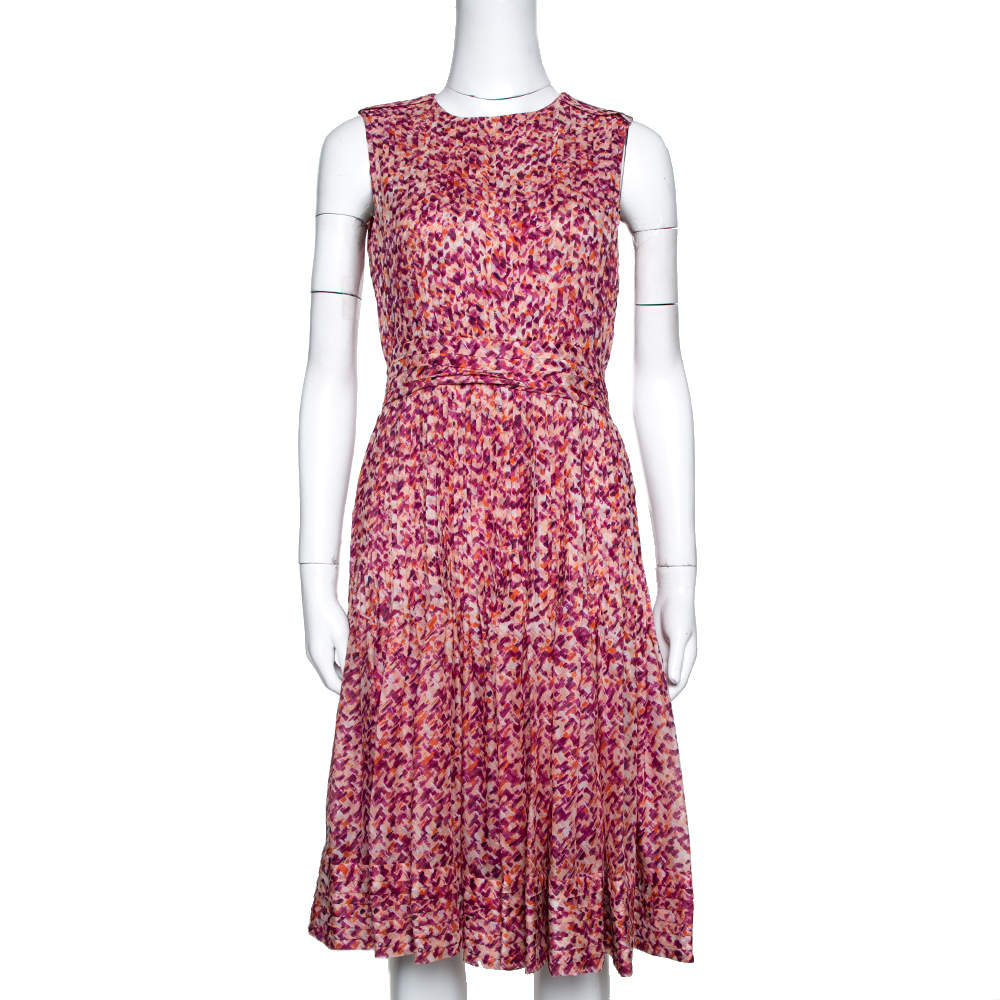 Pre Owned CH Carolina Herrera Fuschia & Orange Abstract Printed Silk Pleated Dress S