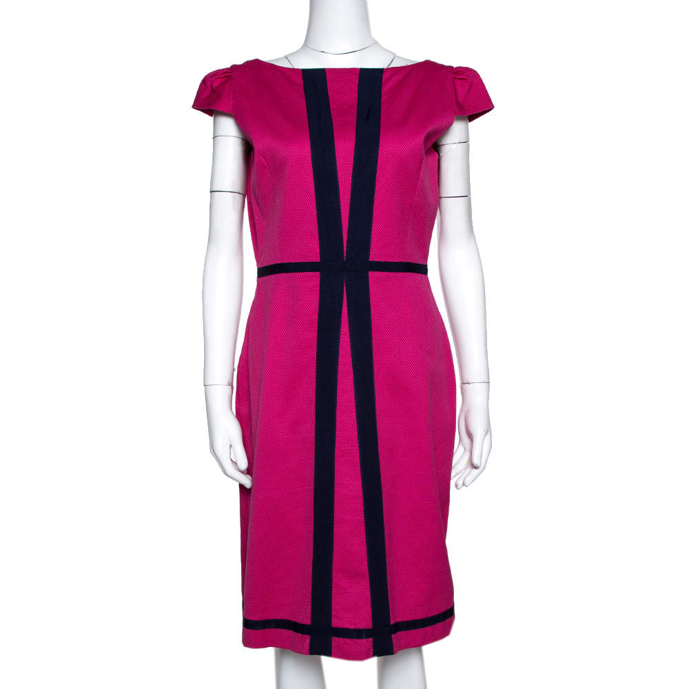 Pre Owned CH Carolina Herrera Pink Textured Cotton Blend Cap Sleeve Dress  M