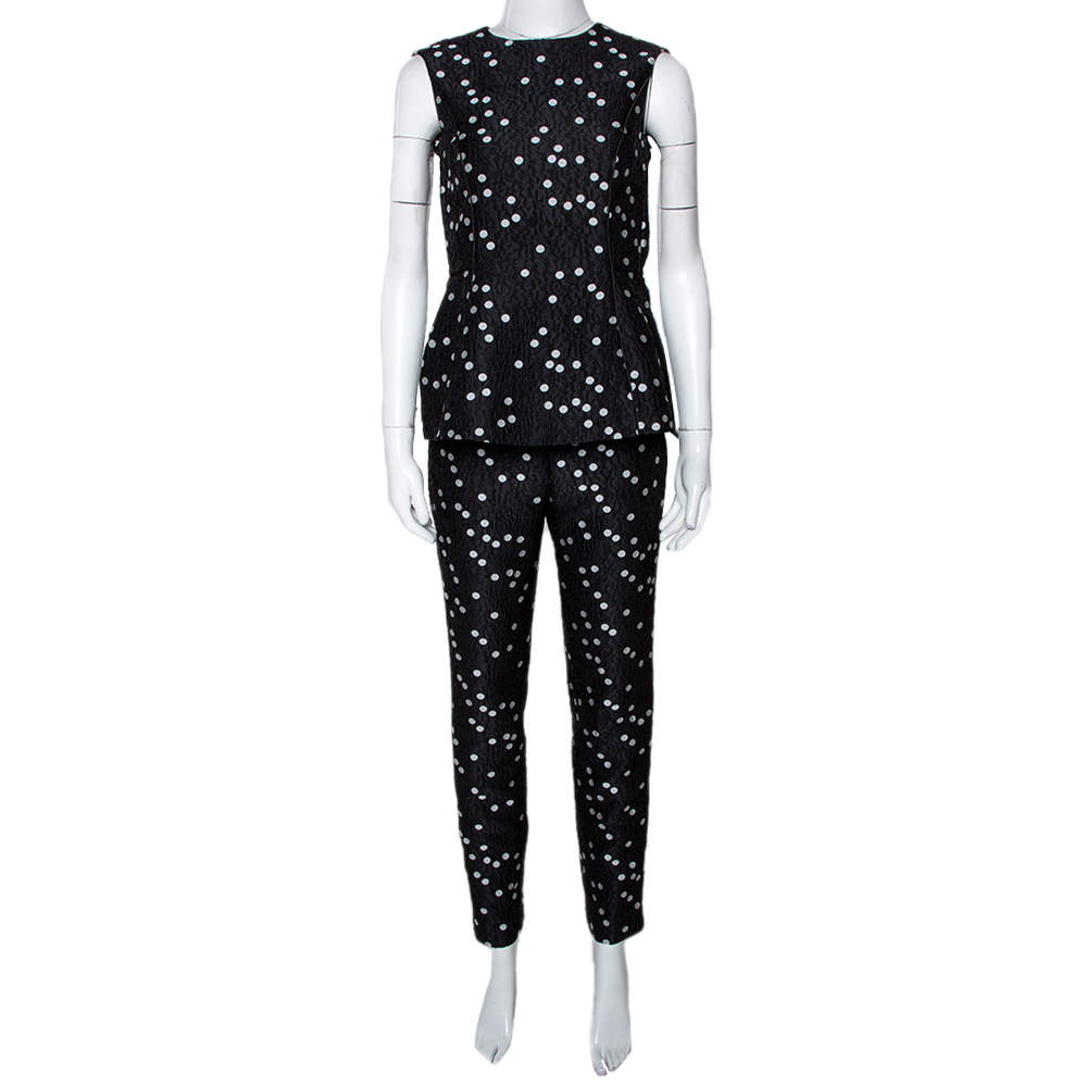 CH Carolina Herrera Black Polka Dot Peplum Top & Pant Set XS