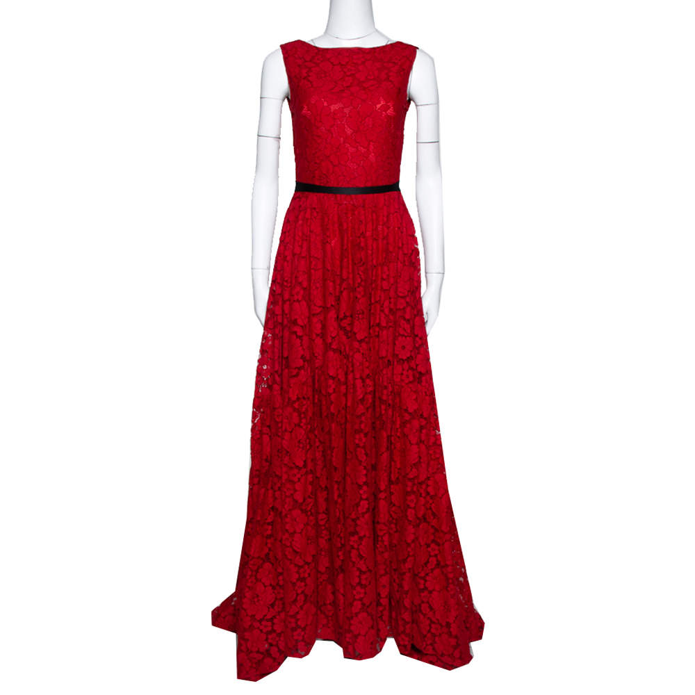 CH Carolina Herrera Red Lace Bow Detail Sleeveless Gown S