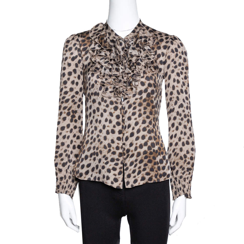 مملوكة مسبقًا بلوزة سي أتش كارولينا هيريرا منفوشة حرير مطبوع نقشة الفهد بني مقاس صغير (سمول)