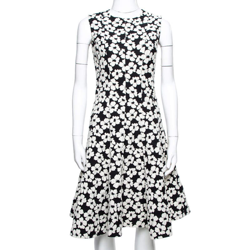 CH Carolina Herrera Monochrome Floral Jacquard Flared Dress S CH ...