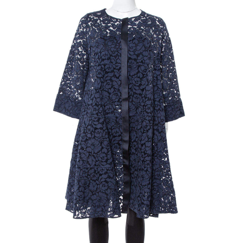 Pre Owned CH Carolina Herrera Navy Blue Lace Flared Coat S