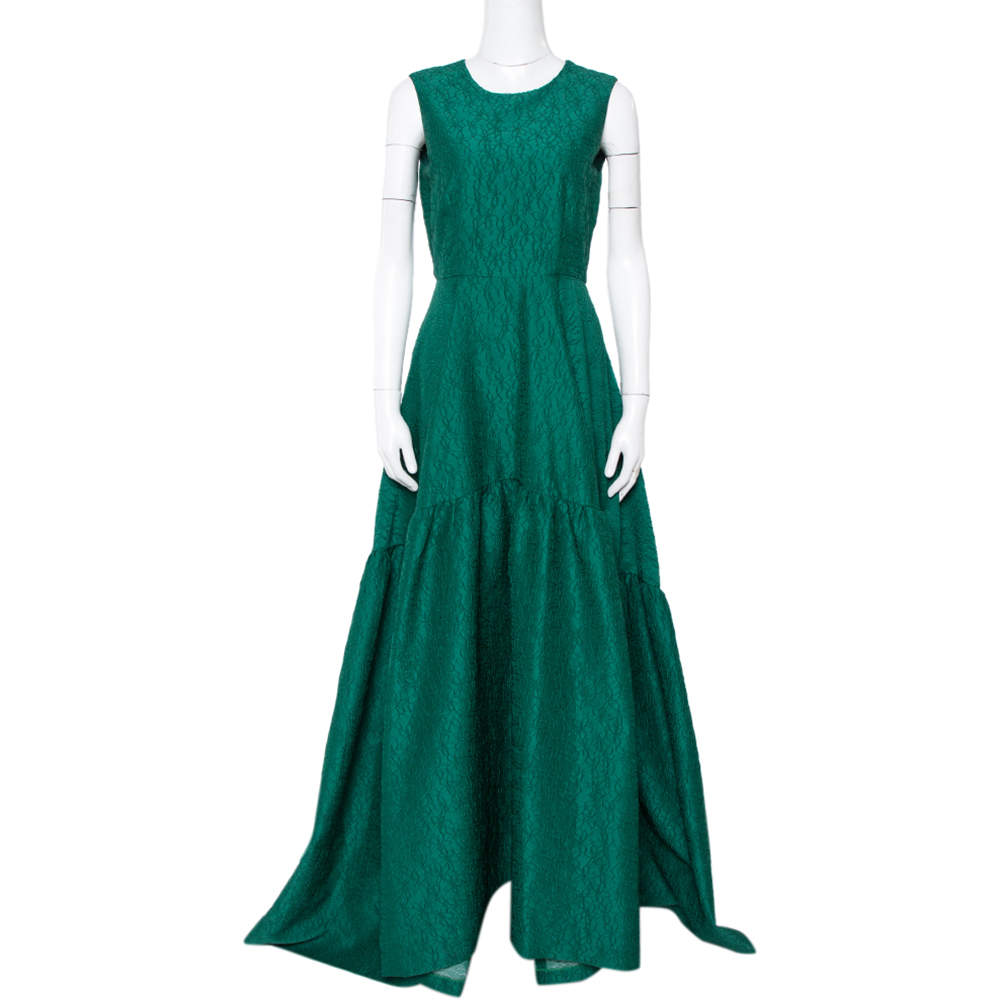 CH Carolina Herrera Green Floral Jacquard Flared Gown M