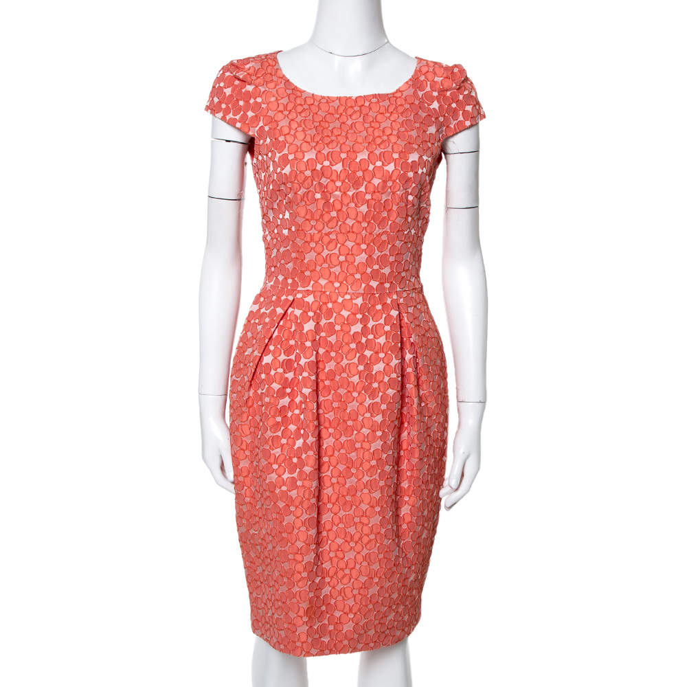 مملوكة مسبقًا CH Carolina Herrera Orange Floral Jacquard Sheath Dress S
