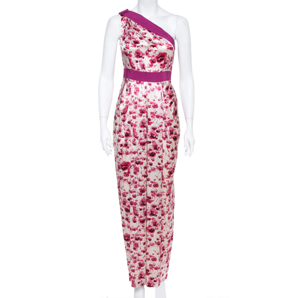 CH Carolina Herrera Floral Print Silk Satin One Shoulder Maxi Dress S
