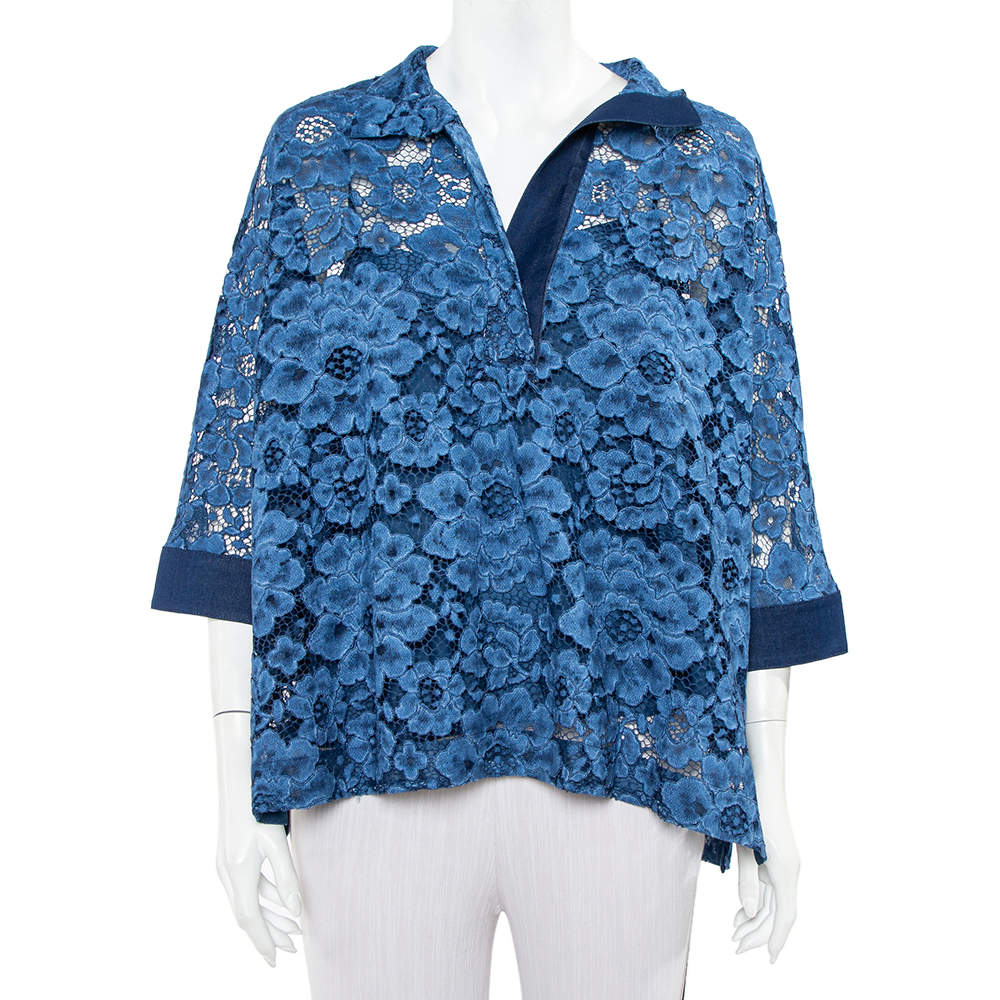 Pre Owned CH Carolina Herrera Blue Lace & Denim Faded Effect Oversized Top M