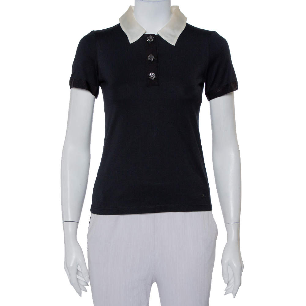 Pre Owned CH Carolina Herrera Black Knit Contrast Trim Detail Polo T-Shirt XS