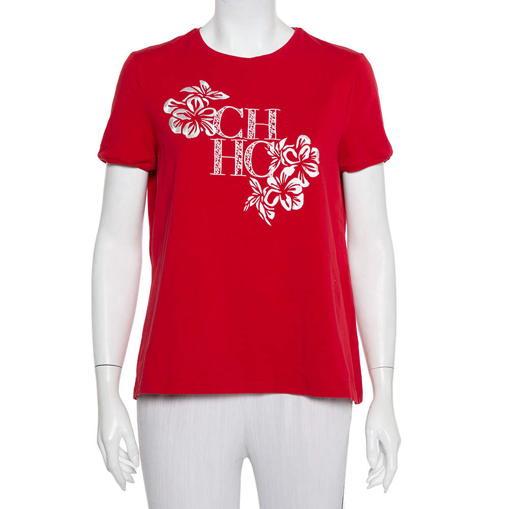 مملوكة مسبقًا CH Carolina Herrera Red Cotton Floral Logo Embroidered T-Shirt L