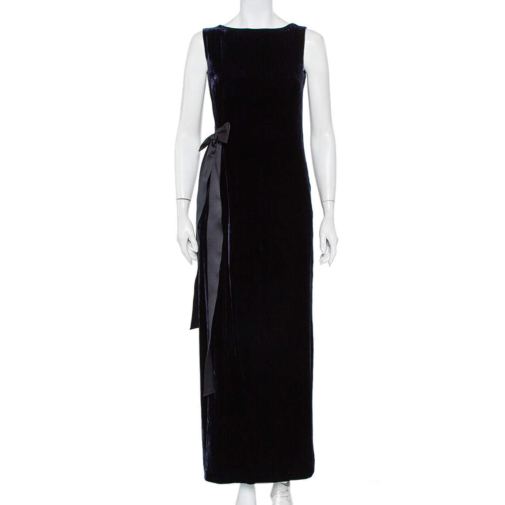 مملوكة مسبقًا CH Carolina Herrera Midnight Blue Velvet Bow Detail Sleeveless Maxi Dress S