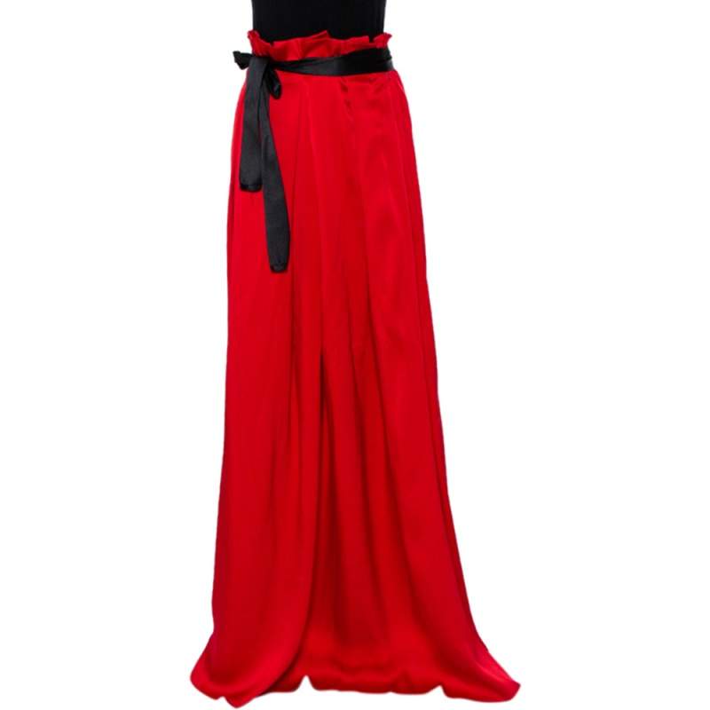 Pre Owned CH Carolina Herrera Red Silk Satin Contrast Belted Paper Bag Waist Maxi Skirt S