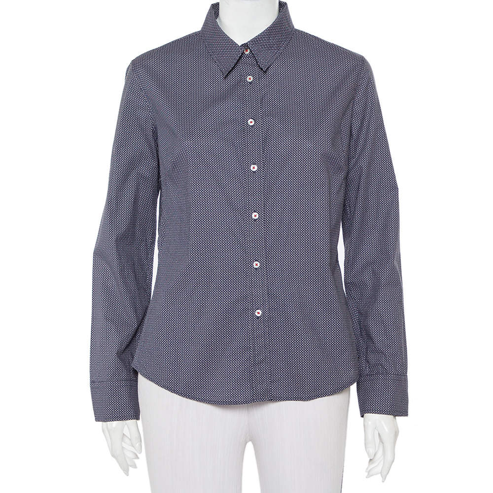 CH Carolina Herrera Navy Blue Logo Printed Cotton Button Front Shirt L