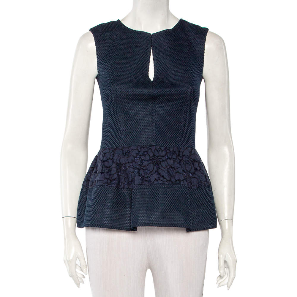Pre Owned CH Carolina Herrera Navy Blue Mesh & Lace Paneled Sleeveless Top S