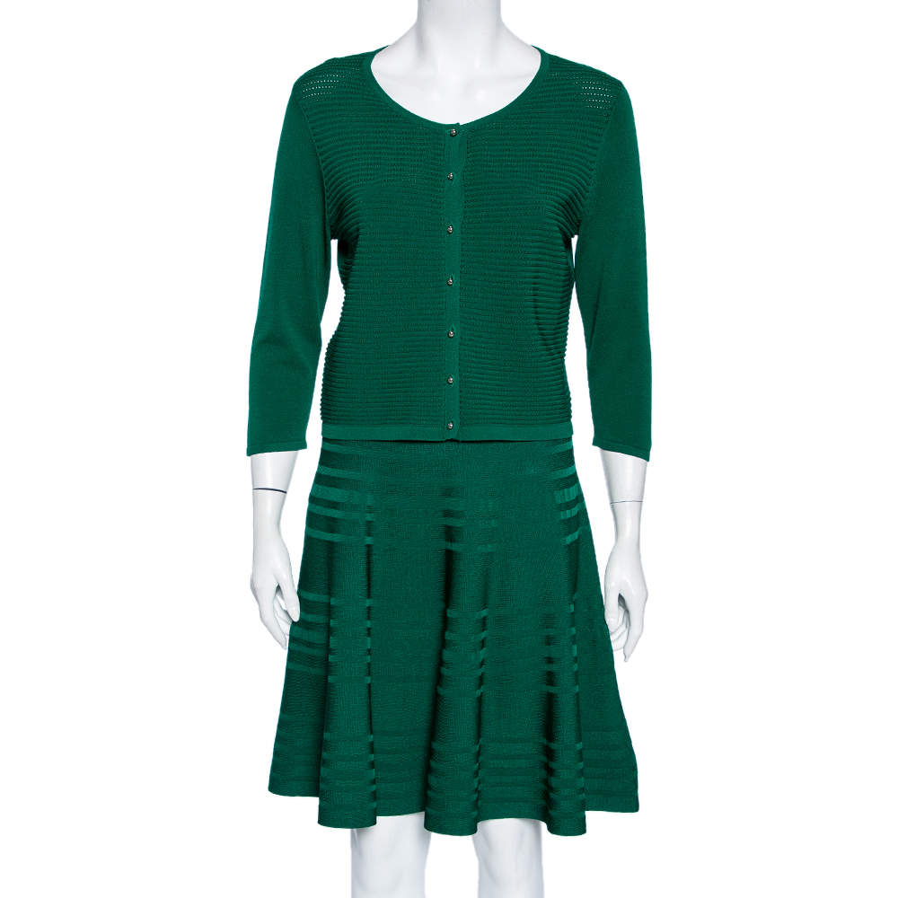CH Carolina Herrera Green Knit Button Front Top & Skirt Set M