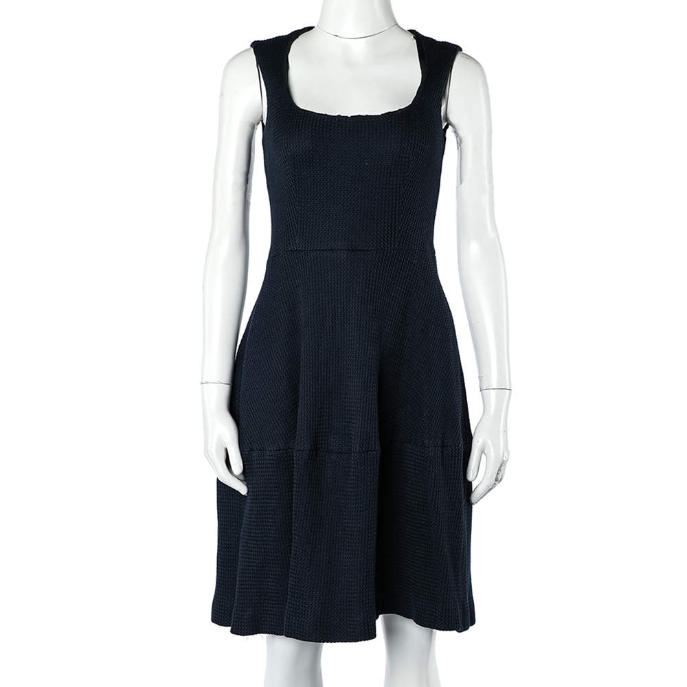 Pre Owned CH Carolina Herrera Navy Blue Textured Cotton Flared Dress S