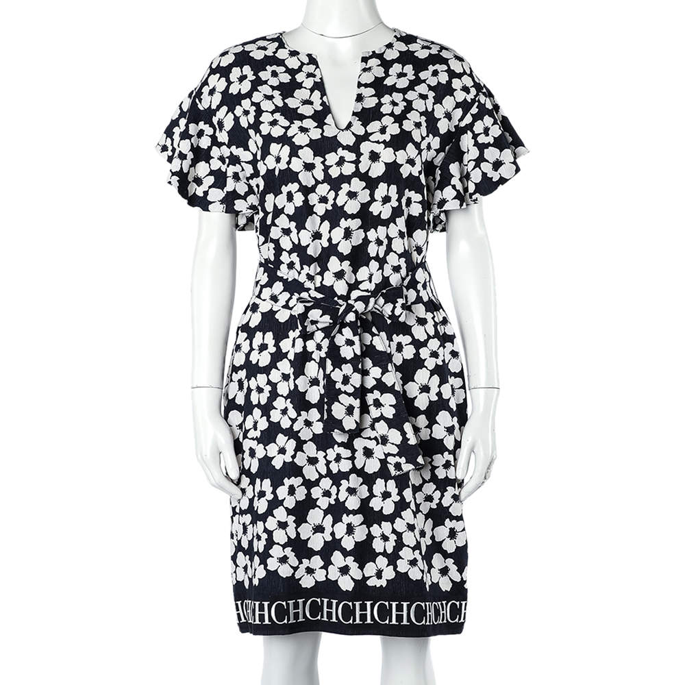 Pre Owned CH Carolina Herrera Navy Blue Floral Print Silk & Linen Belted Dress S