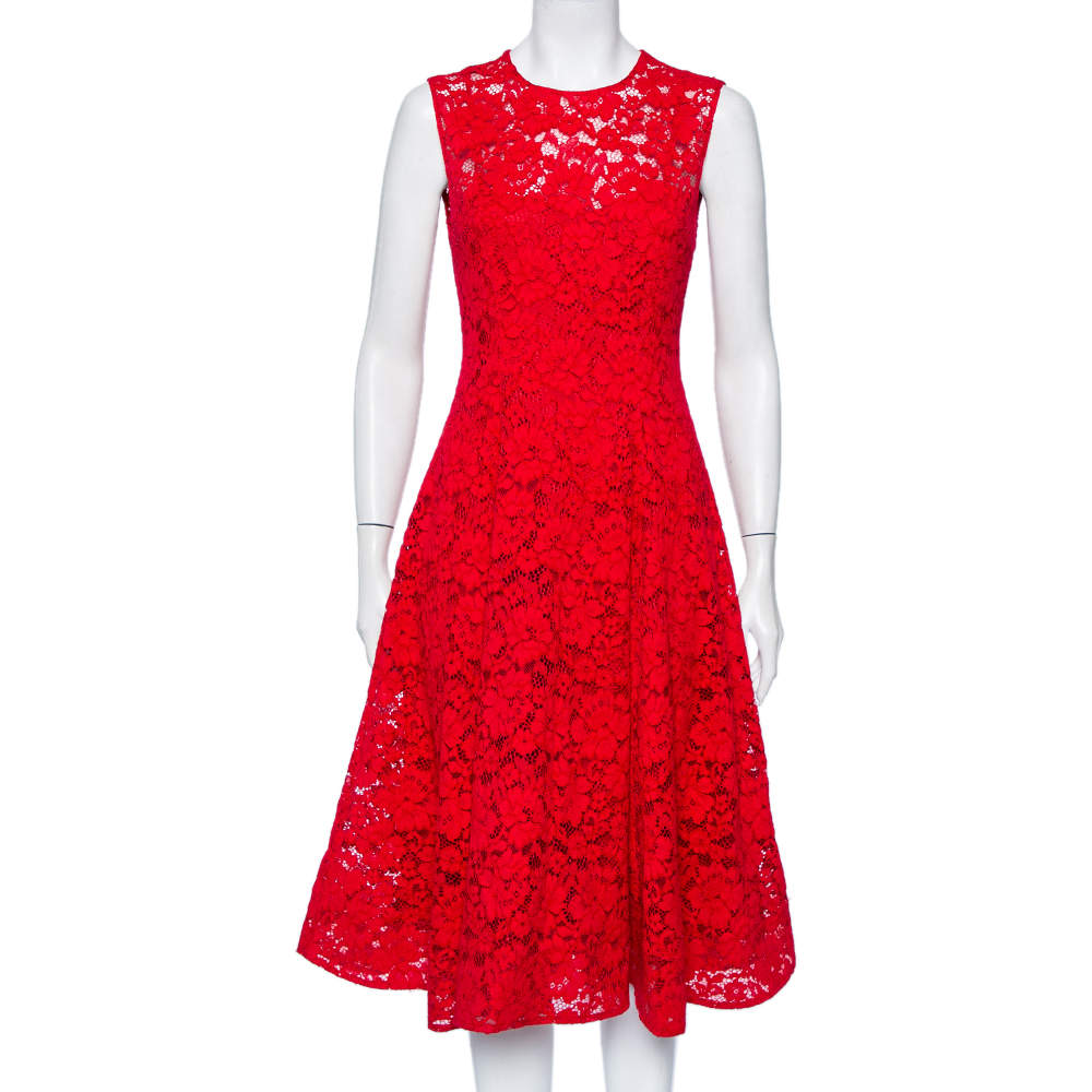 Pre Owned CH Carolina Herrera Red Lace Sleeveless Flared Midi Dress S