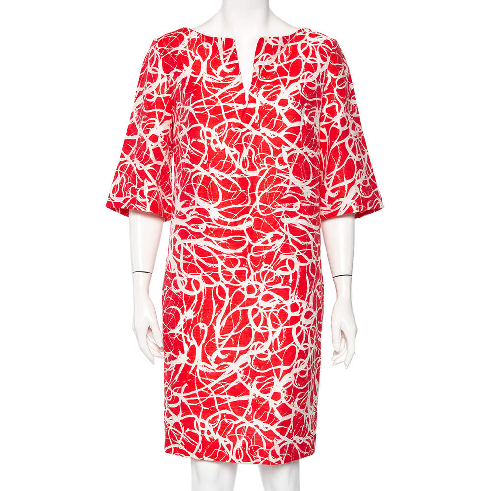 Pre Owned CH Carolina Herrera Red & White Printed Textured Linen Mini Dress L