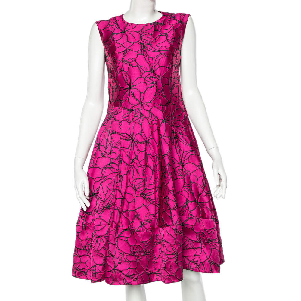  CH Carolina Herrera Pink Embossed Floral Jacquard Sleeveless Dress M 