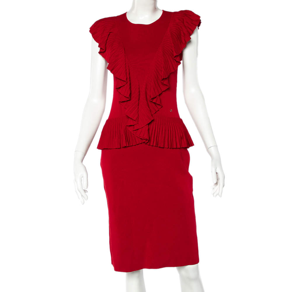 Pre Owned  CH Carolina Herrera Red Knit Ruffle Detail Peplum Dress