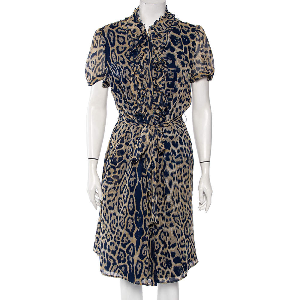 CH Carolina Herrera Blue Silk Ruffled Detail Leopard Print Belted Dress L