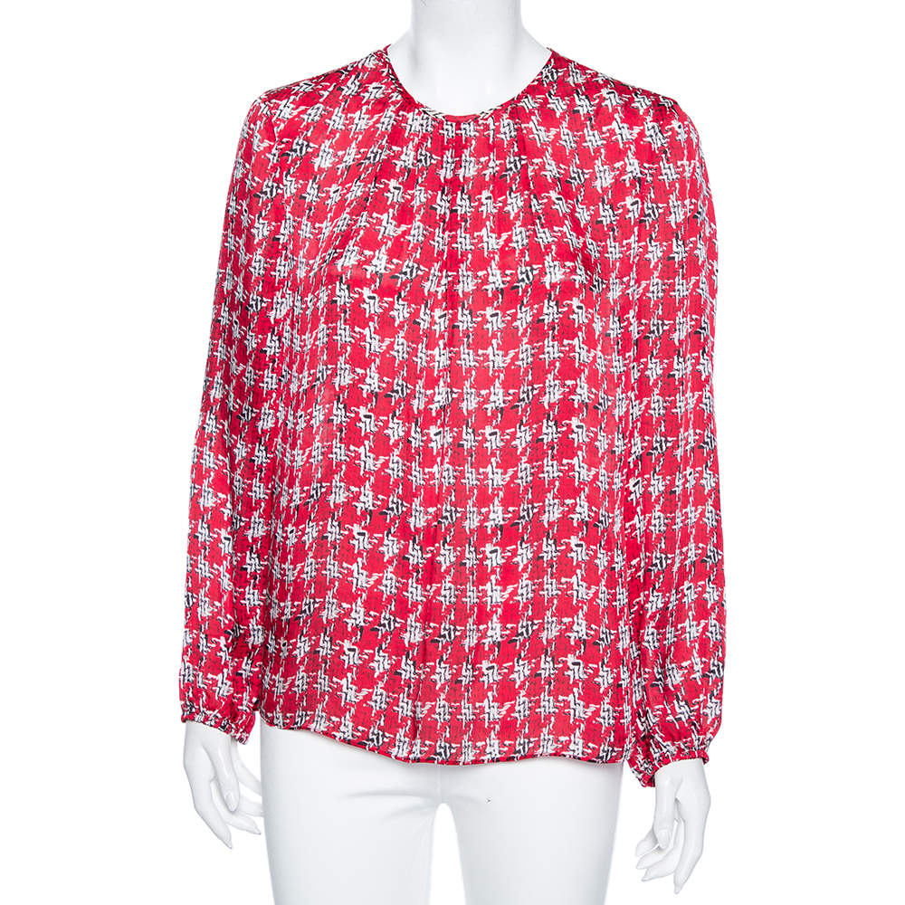 CH Carolina Herrera Red Printed Silk Smocked Cuff Detail Blouse L 